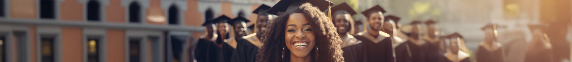 African American woman dressed in cap and gown standing in front of a group of other graduates