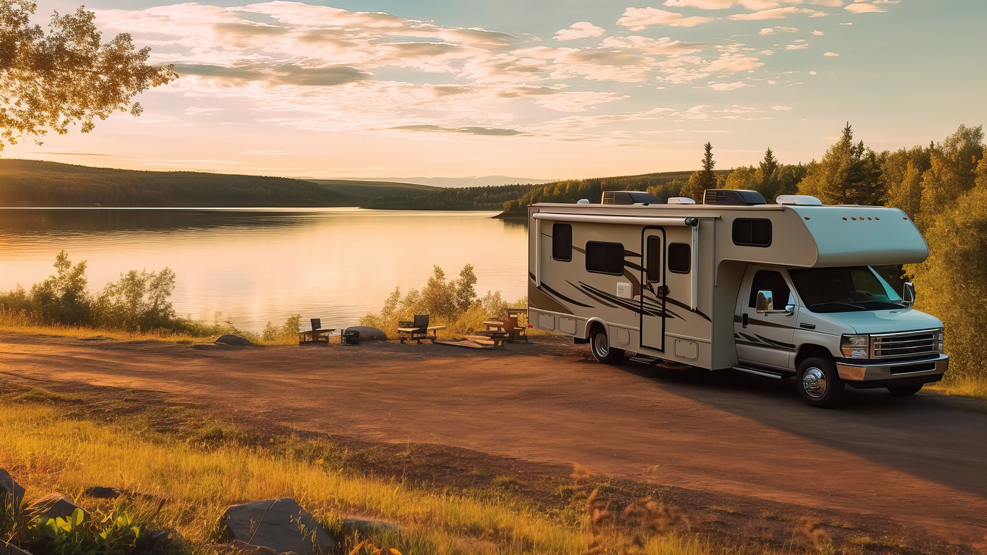 Camper sitting next to a lake