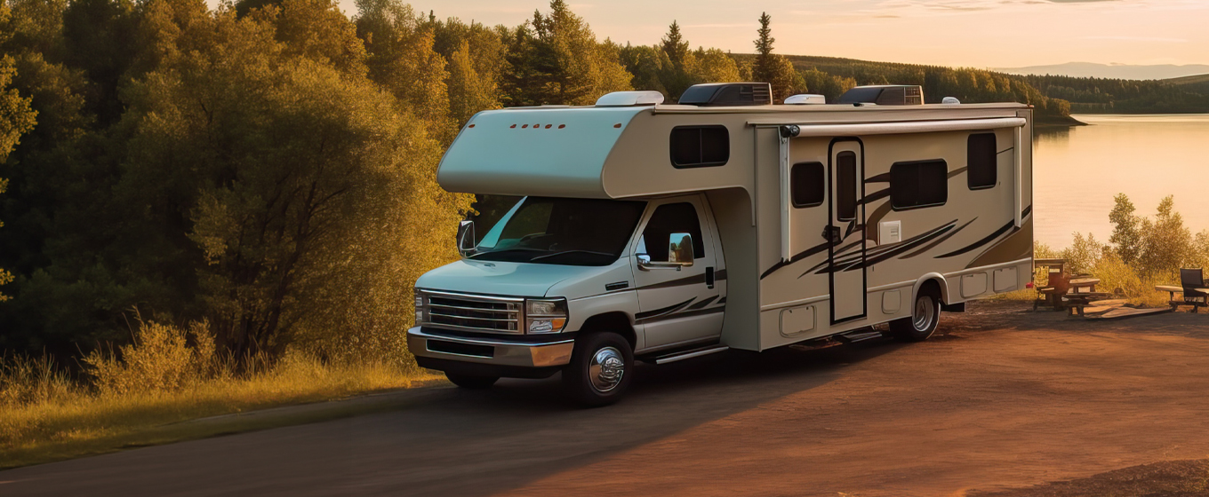 Camper sitting next to a lake